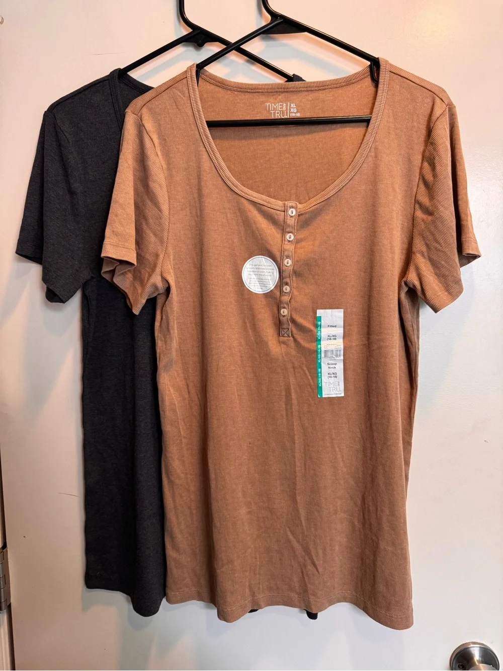 Time and Tru Short Sleeve Henley Tees - Tan & Charcoal set of 2 - Picture 1 of 7